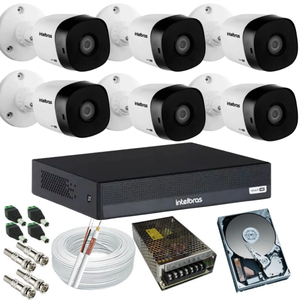 Kit completo de circuito de segurança residencial Intelbras, incluindo câmeras de vigilância, DVR, cabos e HD, para monitoramento e proteção da casa.